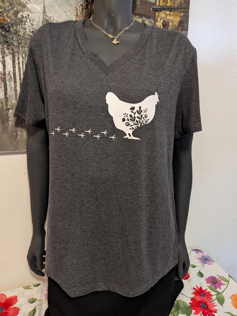 Women’s Charcoal Chicken Graphic V-Neck Tee